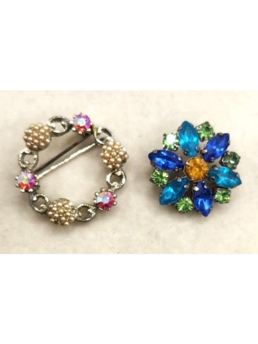 Vintage Rhinestone & Faux Pearl Brooch Pins Set - Floral & Circular Designs - Mu